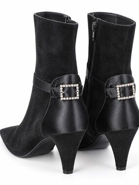 Stuart Weitzman Vamp Black Suede Satin Rhinestone Ankle Booties 7M Spain